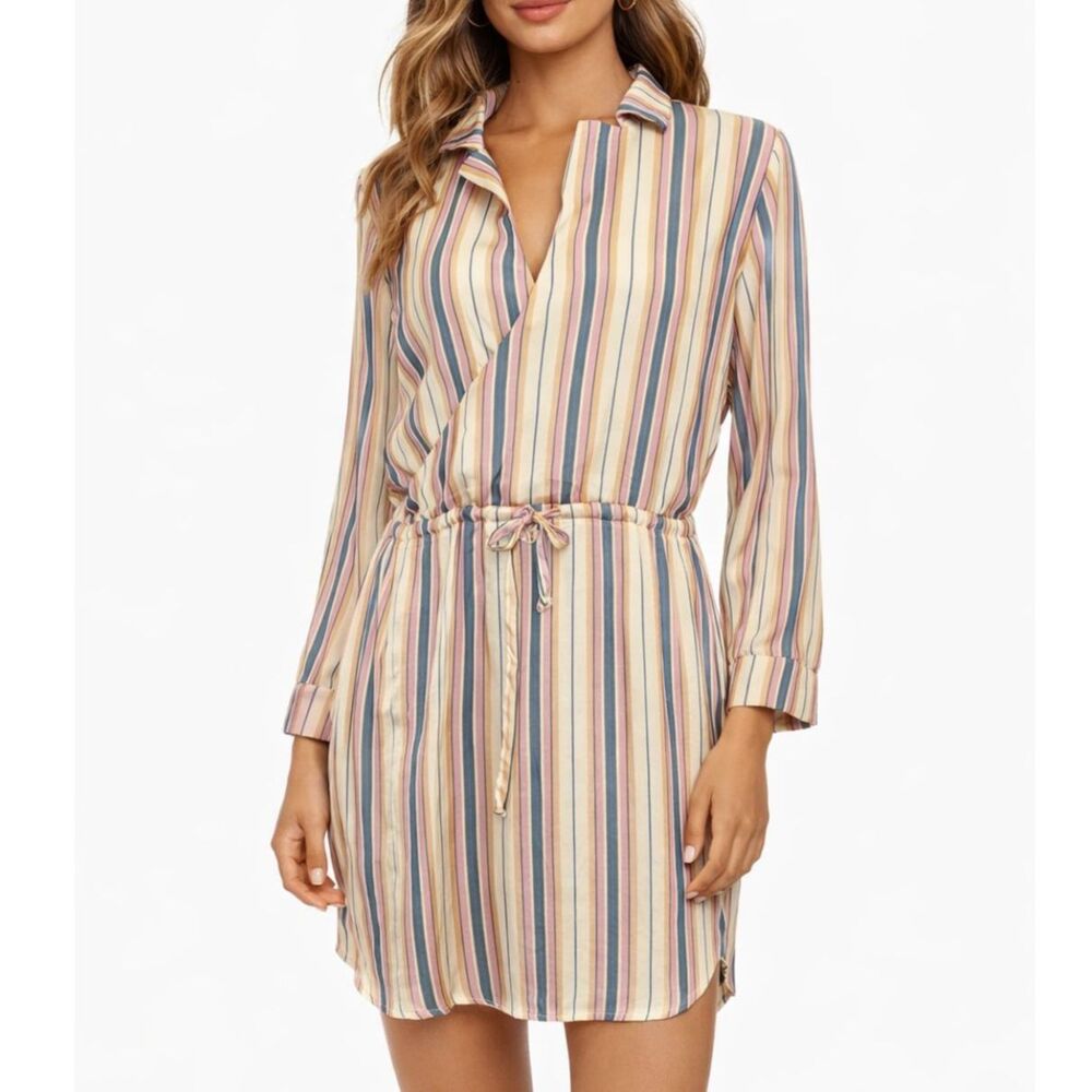 CHASER Satin Stripe Wrap Shirt Dress NWT Womens Small Tie Waist Mini‎
